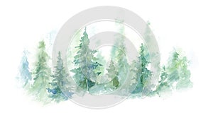 Green landscape of foggy forest, winter hill. Wild nature, frozen, misty, taiga. watercolor background