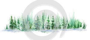 Green landscape of foggy forest, winter hill. Wild nature, frozen, misty, taiga. watercolor background