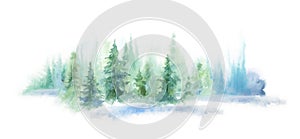 Green landscape of foggy forest, winter hill. Wild nature, frozen, misty, taiga. watercolor background