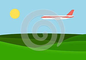 Green landscape with grassy hills and flying airplane on blue sk