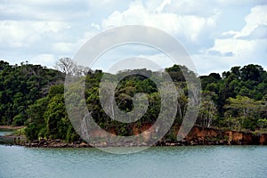 Green landscape of Panama Canal, view from the transiting cargo ship.