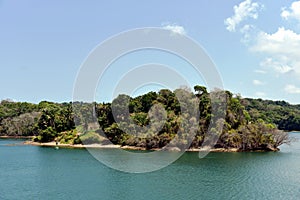 Green landscape of Panama Canal, view from the transiting cargo ship.