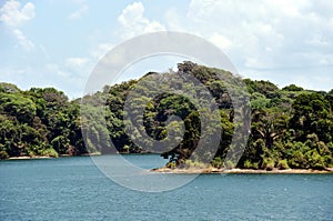 Green landscape of Panama Canal, view from the transiting cargo ship.