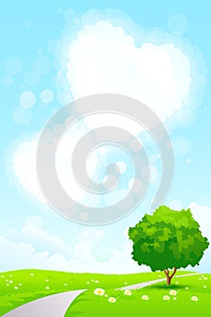 Green Landscape with Tree and Heart Shape Clouds