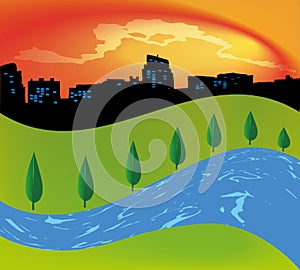 Green landscape with trees river