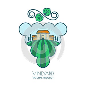 Green landscape with vineyard fields, villa, trees in grape berries shape. Outline vector illustration of rural landscape.