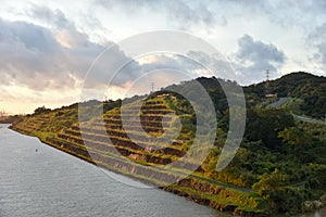 Green landscapes of Panama Canal, view from transiting ship.