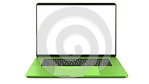 Green laptop with blank screen isolated on white background. Whole in focus. High detailed.