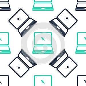 Green Laptop with cursor icon isolated seamless pattern on white background. Vector