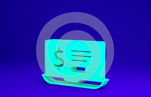 Green Laptop with dollar icon isolated on blue background. Sending money around the world, money transfer, online
