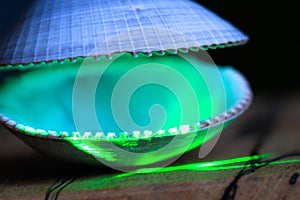 A green laser illuminates an open clam shell