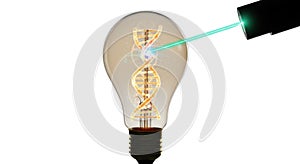Green laser pointer illuminating a dna double helix inside a glowing light bulb on a white background