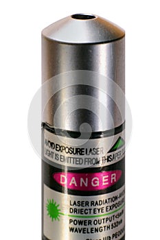 Green laser pointer with warning label isolated on white