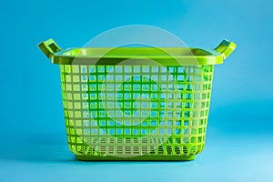 Green laundry basket on blue background. Generative AI