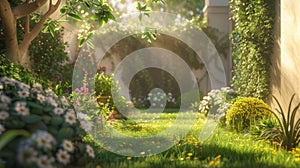 a green lawn background bathed in sunlight., the lushness of the grass and the warm glow of the sun, evoking a sense of