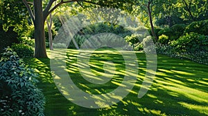 a green lawn background bathed in sunlight., the lushness of the grass and the warm glow of the sun, evoking a sense of