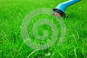 Green Lawn Closeup And Corded Grass Trimmer In The Background