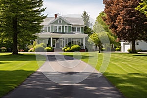 green lawn and driveway leading to georgian house with hip roof