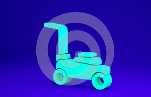 Green Lawn mower icon isolated on blue background. Lawn mower cutting grass. Minimalism concept. 3d illustration 3D