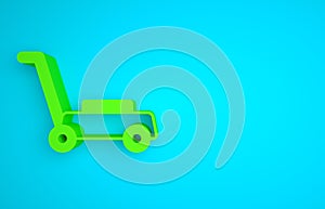 Green Lawn mower icon isolated on blue background. Lawn mower cutting grass. Minimalism concept. 3D render illustration