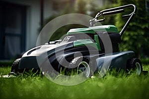 Green lawn mower for mowing grass in the backyard