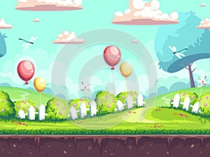 Green lawn with white fences and balloons