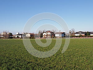 Green lea and houses in Bielsko-Biala city, Poland