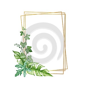 Green leaf arrangement with golden frame watercolor illustration. Eucalyptus, ivy, monstera leaves in elegant decor frame.