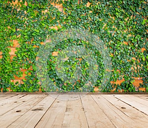 Green leaf background and wood floor