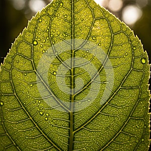 The background is softly blurred, emphasizing the leaf s detailed structure
