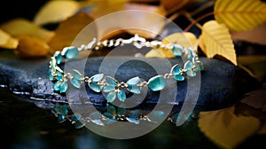 Green Leaf Bracelet With Gold Frame - Dark Aquamarine And Silver Style