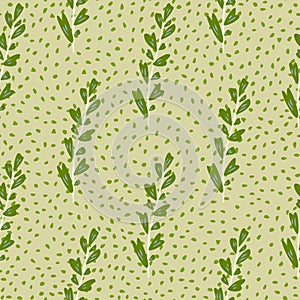 Green leaf branch seamless pattern on dots background. Vintage floral wallpaper. Design for fabric, textile print, wrapping,