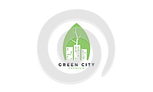 Green leaf with city building logo vector icon illustration design