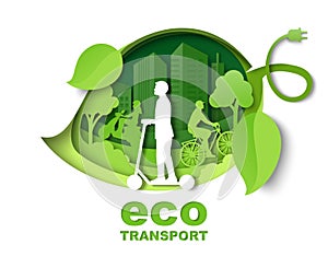 Green leaf with city buildings, people riding bicycle, scooter, vector paper cut illustration. City eco transport poster