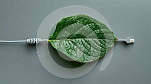 Green Energy: Leaf Connected to USB Cable, Sustainable Technology Concept