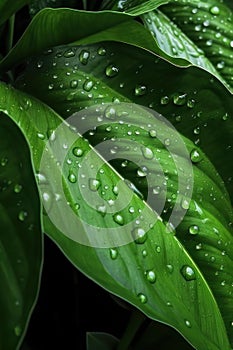 Green leaf and dew drops. Background, texture. Vertical background. AI generative