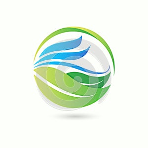 Green leaf eco symbol logo natural organic design with smooth ocean wave icon vector