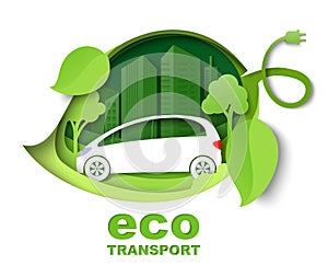 Green leaf with electric car, city building silhouettes, vector paper cut illustration. City eco transport concept.