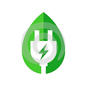 Green leaf with electric plug icon, Renewable power and clean energy, Eco friendly charging symbol, Vector illustration.