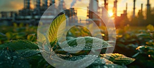 Green leaf in foreground with industrial backdrop, illuminated by a glowing sunset