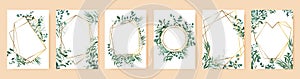 Green leaf frames. Spring wedding invitations, floral branches gold geometric borders. Elegant floral frames vector