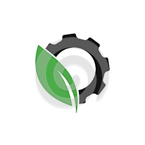 Green leaf with gear vector logo design.