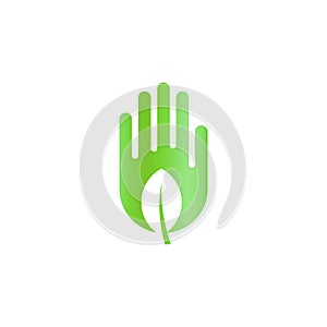 Green leaf in hand, harvest abstract icon, ecology care symbol, harvesting silhouette on white background, vector logo