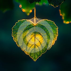 A green leaf hanging from a tree branch in the sunlight