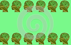 green leaf head with green water brain on top and bottom of green background, copy space