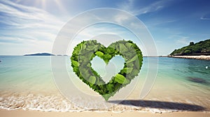 Green leaf heart shaped symbol on the beach and tropical sea background, represent love and protect the earth, eco friendly,