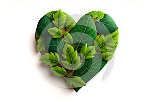 green leaf heart on a white background. Happy Earth Day card, banner or flyer concept. Bright fresh 3d realistic gr een leaves in
