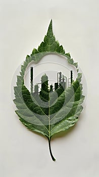 A green leaf, hollow in the middle to show the shape of a chemical or power plant