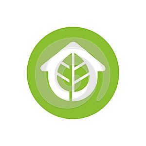 Green leaf and house logo icon, home garden logo vector, house plant symbol