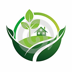 A green leaf with a house on top, minimalist design for a logo, Create a minimalist design that encourages a greener way of living photo